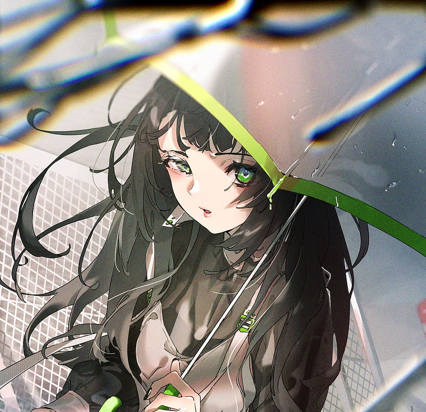 Mata hijau, gadis anime, cantik, hujan Wallpaper HD