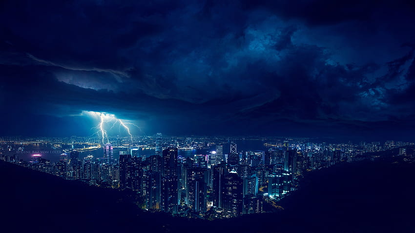 Storm Night Lightning In City, Grafik, Blauer Blitz HD-Hintergrundbild