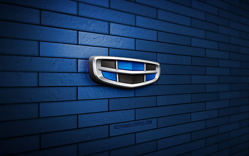 Logotipo 3D de Geely, pared de ladrillo azul, creativo, marcas de automóviles, logotipo de Geely, arte 3D, Geely fondo de pantalla