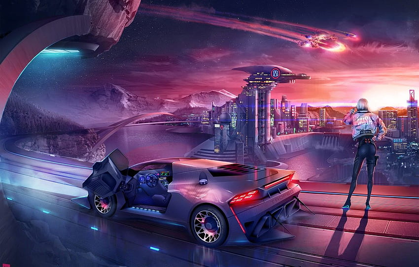 Градът, Lamborghini, Бъдеще, Момиче, Фон, Град, Кола, 80-те, Фантастика, Неон, Илюстрация, Научна фантастика, 80-те, Synth, Retrowave, Synthwave за , раздел арт, Sci Fi Car HD тапет