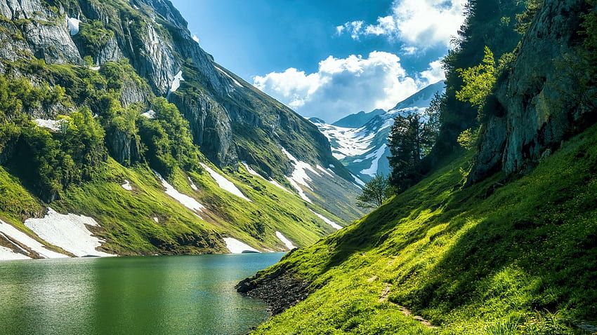 Апенцелските Алпи в Швейцария, небе, планини, езеро, пейзаж, облаци, вода HD тапет