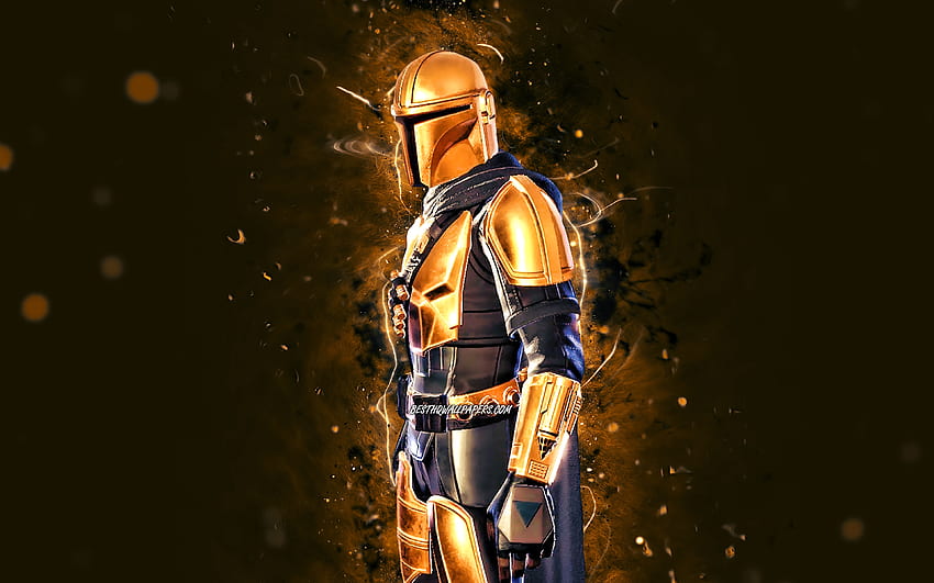 Golden Mandalorian, gelbe Neonlichter, Fortnite Battle Royale, Fortnite-Charaktere, Golden Mandalorian Skin, Fortnite, Golden Mandalorian Fortnite HD-Hintergrundbild