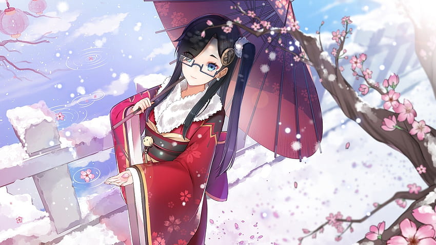 アニメの女の子、着物、めがねっこ、傘、冬、雪、ワイドスクリーン用の桜 高画質の壁紙