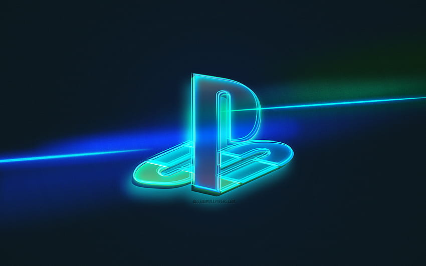 Лого на PS, светло изкуство, емблема на PS, лого на PlayStation, фон със синя светла линия, неоново лого на PS, PlayStation, творческо изкуство, PS HD тапет
