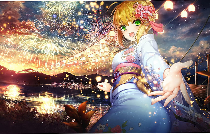 Chica, Sonrisa, Vacaciones, Saludo, Yukata - Festival Anime Yukata - & Background, Anime Festival fondo de pantalla
