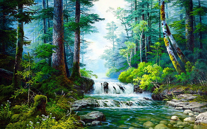 Calme, peinture, vert, eau, forêt Fond d'écran HD