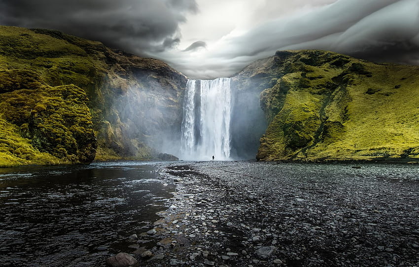 agua, nuvens, natureza, rio, Pedras, cachoeira, Islândia, Islândia, Skogafoss, Skogarfoss for, seção природа papel de parede HD