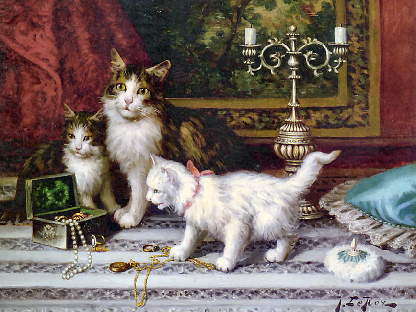The Jewelry Box - Cats F, animal, arte, gatos, felino, linda, ilustração, gatinhos, obra de arte, tela larga, pintura, animais de estimação papel de parede HD