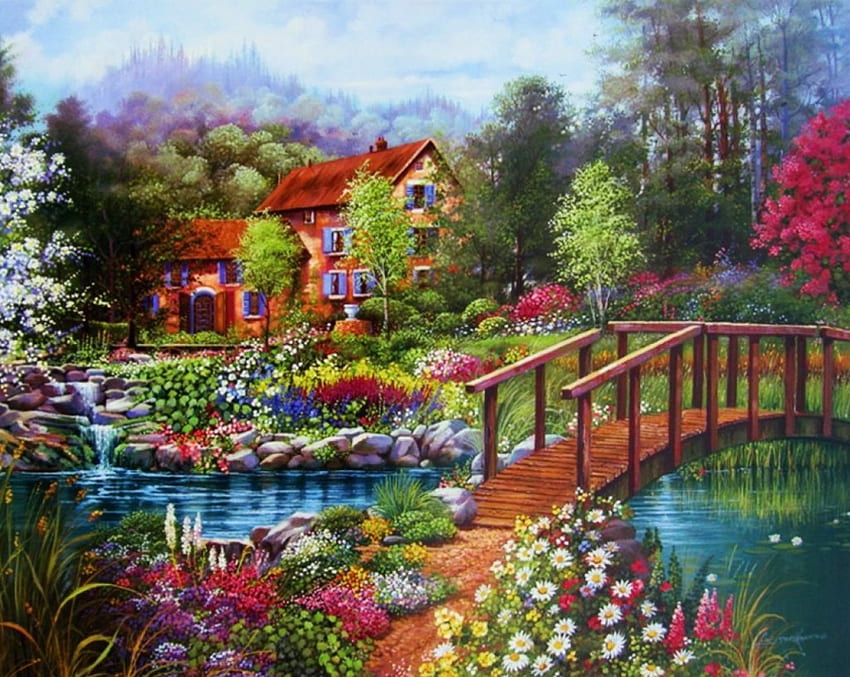 Flower Garden, artwork, river, painting, house, bridge, tres HD wallpaper