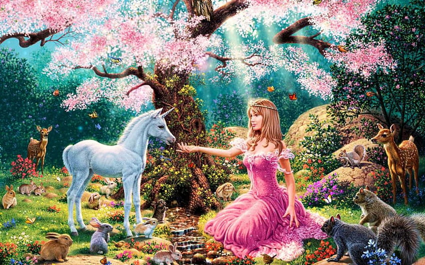 hayatın kaynağı tek boynuzlu at prenses ağaç çiçek HD duvar kağıdı
