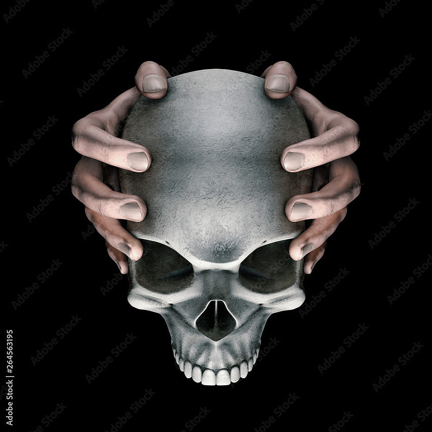 Mroczne myśli, horror, czaszka / 3D ilustracja rąk trzymających przerażające, złe, ciemne, grungy, ludzkie czaszki na czarnym tle Kolekcje ilustracji, ręka czaszki Tapeta na telefon HD