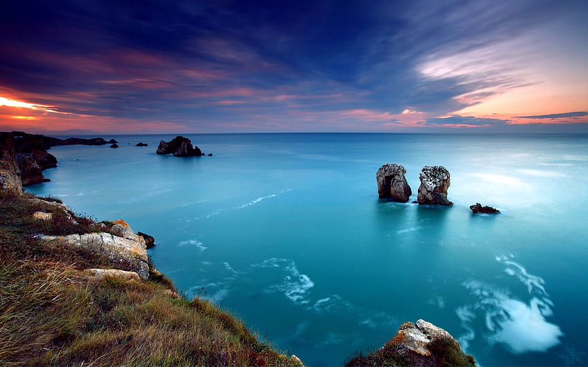 Natur, Flieder, Ufer, Ufer, Ozean, Abend, Bucht, blaues Wasser HD-Hintergrundbild