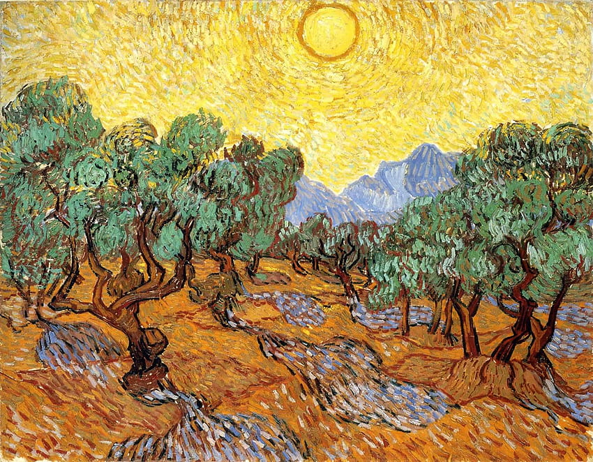 Olive Trees With Yellow Sky And Sun - Vincent Van Gogh HD wallpaper