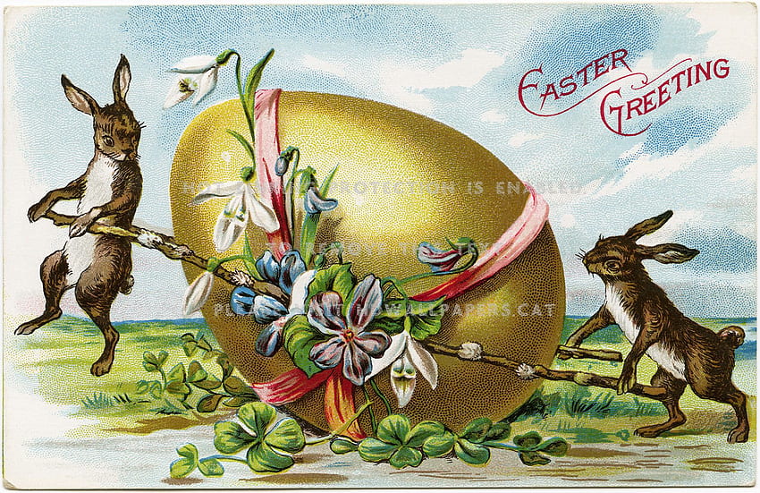 สุขสันต์วันอีสเตอร์! การ์ดวินเทจไข่กระต่ายสีทอง วอลล์เปเปอร์ HD