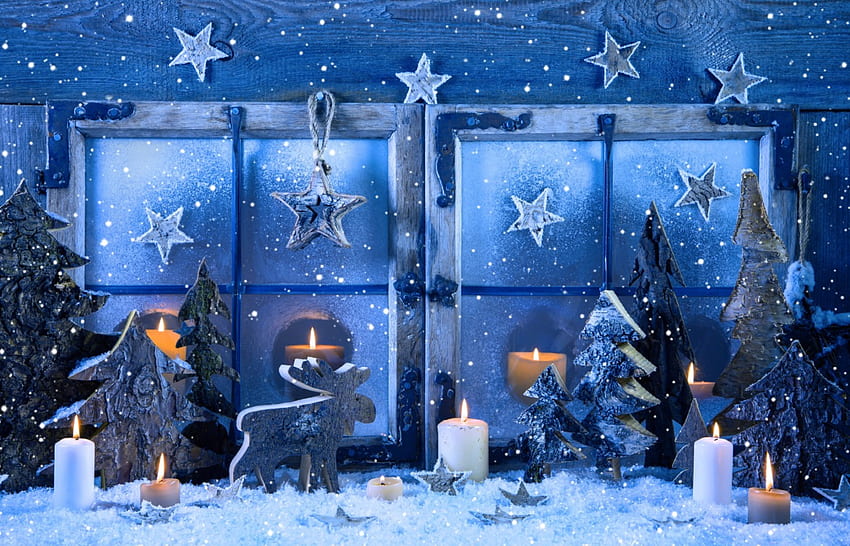 Весела Коледа, звезди, снежинки, празник, сняг, свещи, скреж, замръзнало, настроение, прозорец, студено, красиво, аранжировка, украса, красива, коледа, елени, лед HD тапет