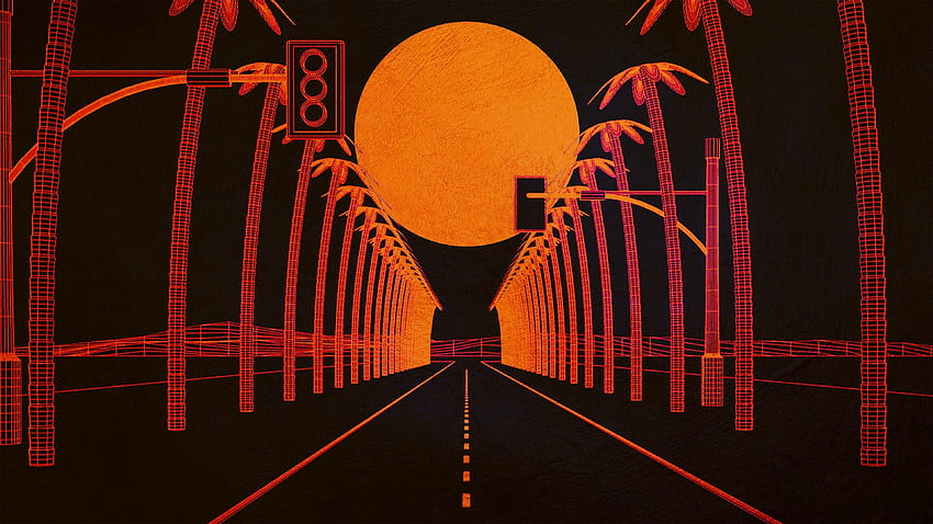 Burnwave, highway, palm trees, dark, artwork HD wallpaper