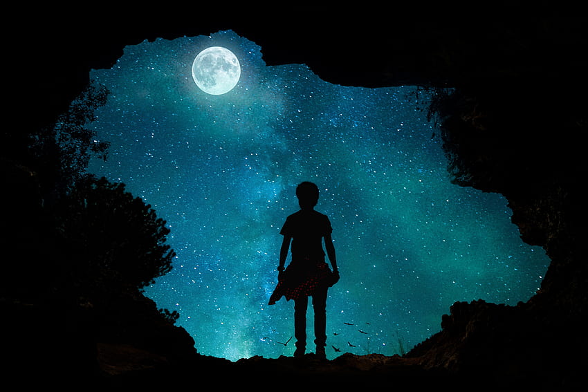 Night, sky, moon, relaxed, outdoor, kid HD wallpaper