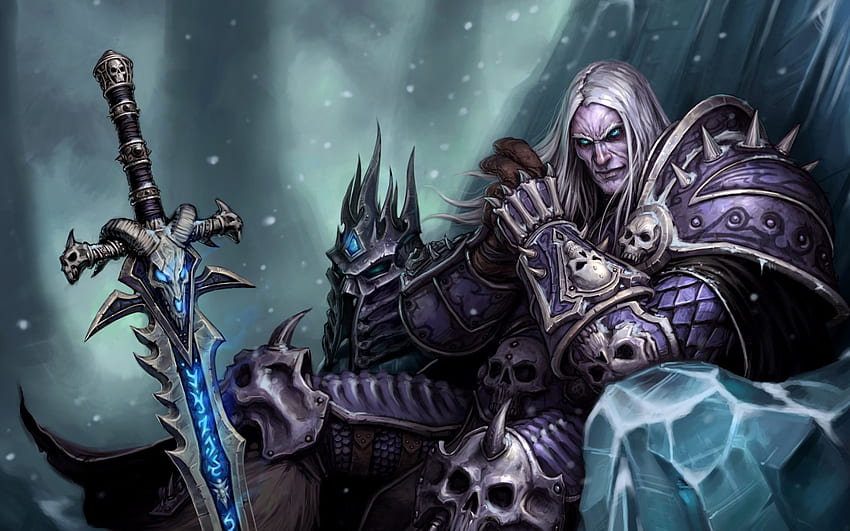 arthas the lich king arthas menethil sword frostmourne sitting on a the frozen throne crown prince HD wallpaper