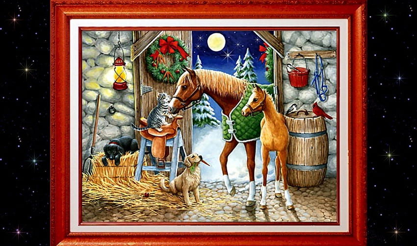 Holiday in the Barn F2, perro, pájaros, felino, ocasión, caballos, vacaciones, equino, yegua, diciembre, arte, gato, ilustración, obra de arte, ancha, Navidad, canino, potro fondo de pantalla