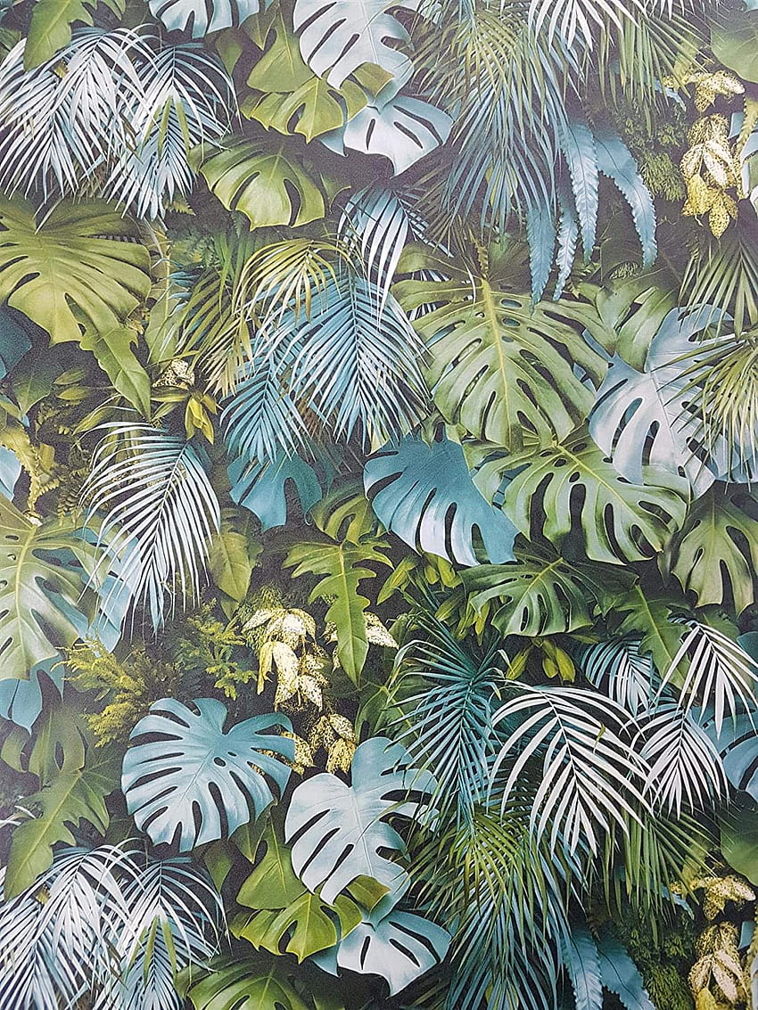 3D Effect Tropical Palm Leaf Green Blue Vinyl Paste Wall from YöL .uk: DIY & Tools HD phone wallpaper