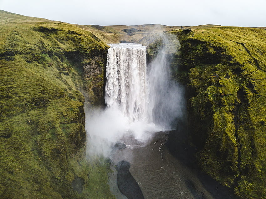 Nature, waterfall, greenfield, Skogafoss HD wallpaper