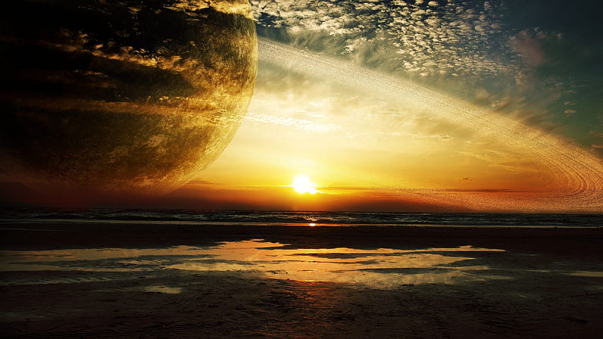 Planet mit Ringen über dem Meer am Abend, Real Planet HD-Hintergrundbild