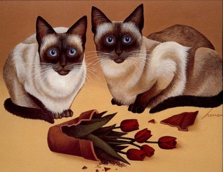 Naughty kittens, sweet, animal, painting, art, flower, cat, naughty, feeline HD wallpaper