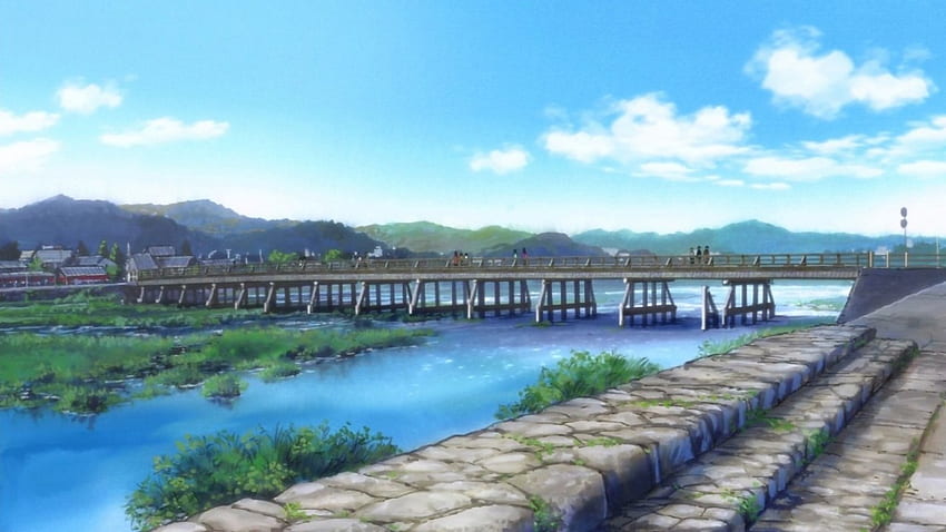 Anime-Brücke, Landschaft, Brücke, Anime-Landschaft, Natur, Anime, Fluss HD-Hintergrundbild