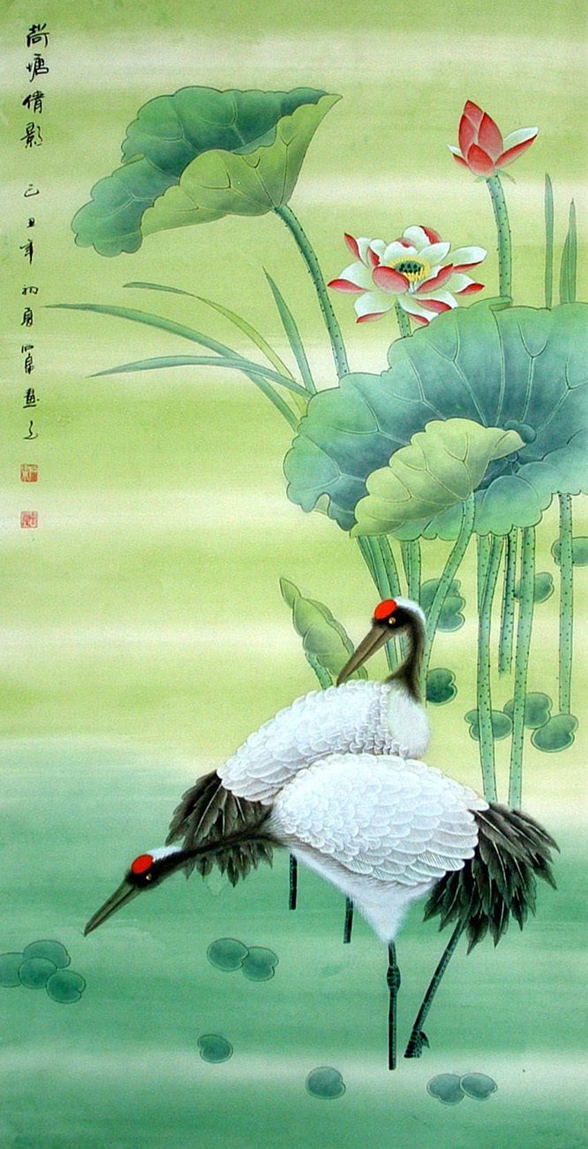 Pintura china de la grulla de Shi Quan. ARTE JAPONÉS, Pintura de pájaros de grulla japonesa fondo de pantalla del teléfono