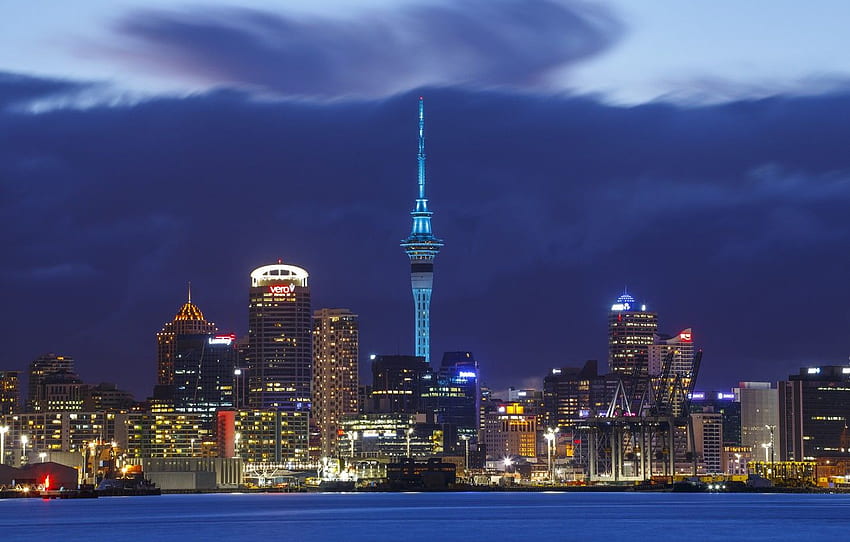 badai, langit, malam, awan, kota, kota, lampu, gedung pencakar langit, Selandia Baru, penerangan, badai, langit, Auckland, Selandia Baru, Auckland, malam untuk , bagian город Wallpaper HD