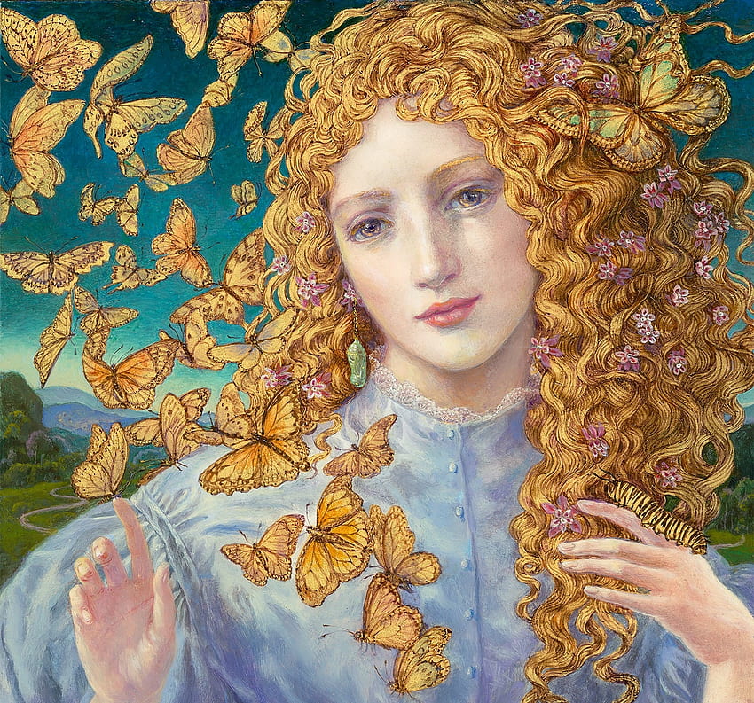 Monarchs, girl, art, yellow, butterfly, face, kinuko y craft HD wallpaper