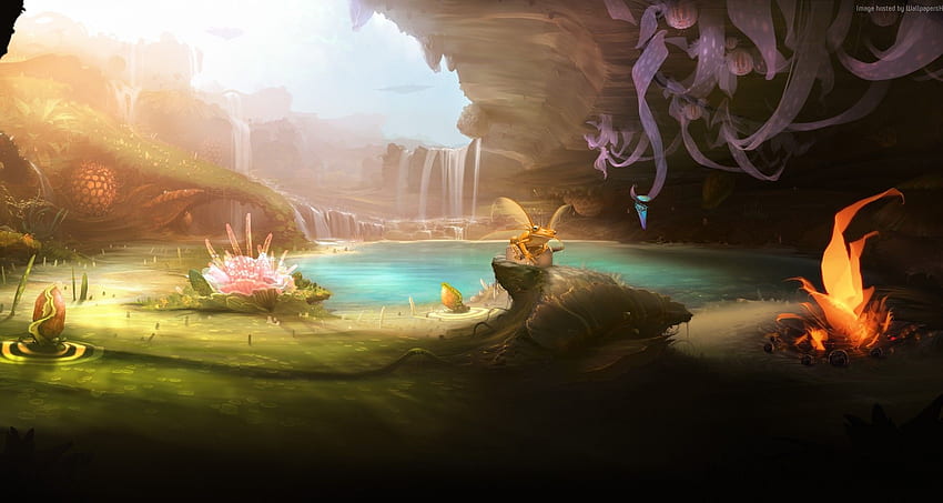 Fantasy Forest, Frog, Pond, Flowers, , , Background, Ujoy4, Flower Game HD wallpaper