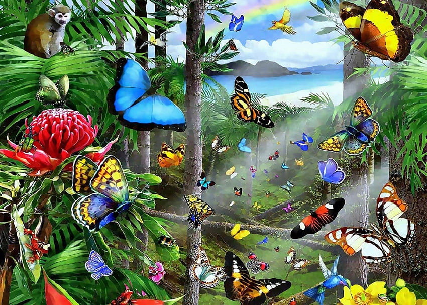 Пеперуди в тропическите гори, цветя в джунглата HD тапет