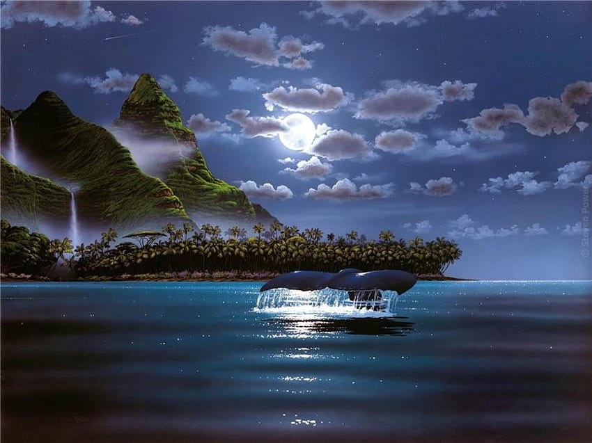 달, 지느러미, 달, 구름, 고래, 꼬리, 산, 바다, 멋진 경례 HD 월페이퍼