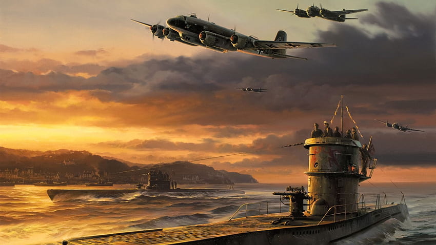 Krieg, Kunst, Flugzeuge, Malerei, Zeichnung, 2. Weltkrieg, Junker Ju 88, Deutscher Bomber, Deutsches U-Boot, Sektion Games In Resolution, 2. Weltkrieg Kunst HD-Hintergrundbild