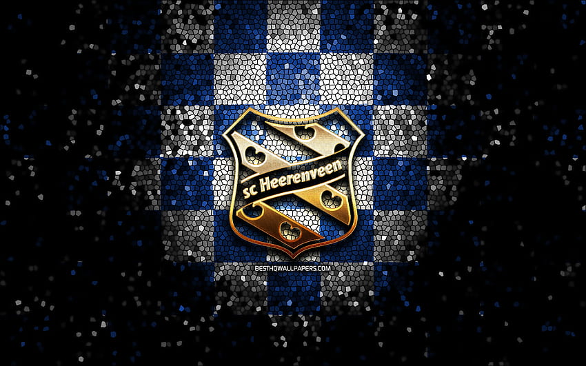 SC Heerenveen, glitter logo, BeNe League, blue white checkered background, hockey, dutch hockey team, SC Heerenveen logo, mosaic art HD wallpaper