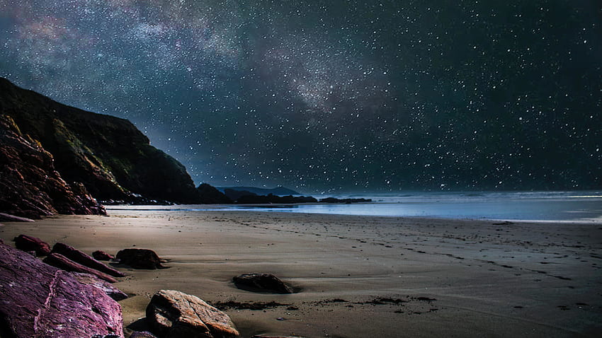 Plaża, gwiaździsta noc, niebo, przyroda Tapeta HD