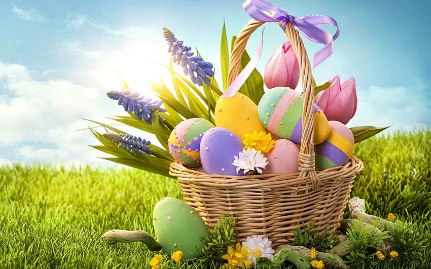 보라색 튤립 부활절 봄 바구니 계란 잔디, 부활절 꽃 HD 월페이퍼