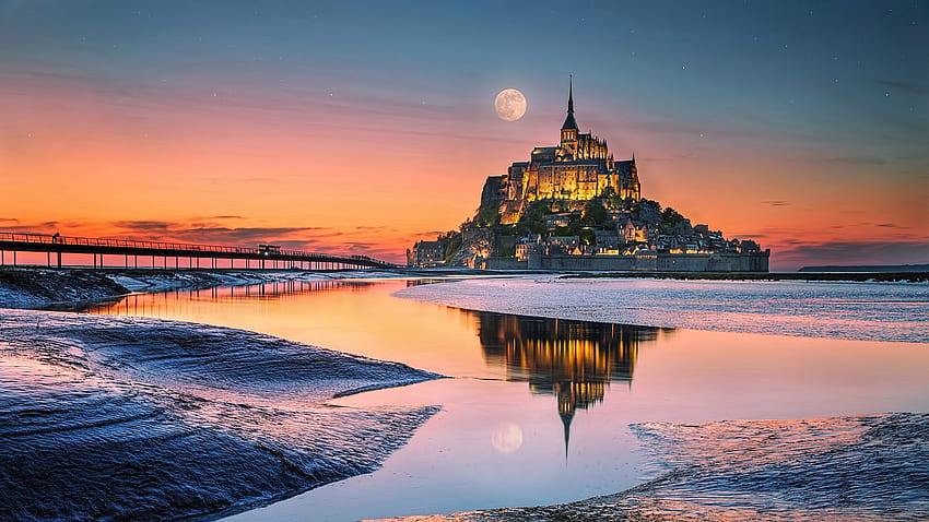 Mont Saint-Michel France Moon Starry Sky Background Reflection On Water Travel HD wallpaper