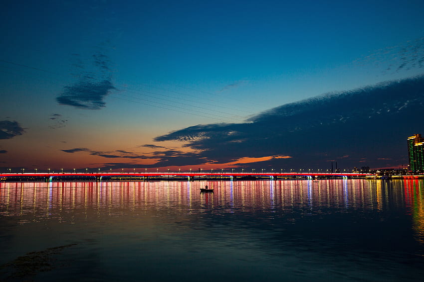 Cities, Sea, Night City, Bridge, Boat HD wallpaper