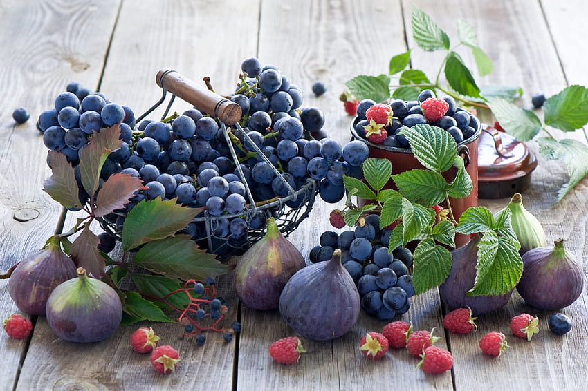 Food, Tablewares, Grapes, Raspberry, Fig HD wallpaper