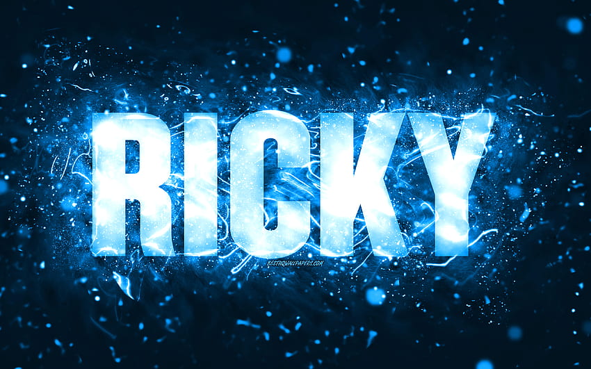 Happy Birtay Ricky, luci al neon blu, nome Ricky, creativo, Ricky Happy Birtay, Ricky Birtay, famosi nomi maschili americani, con nome Ricky, Ricky Sfondo HD
