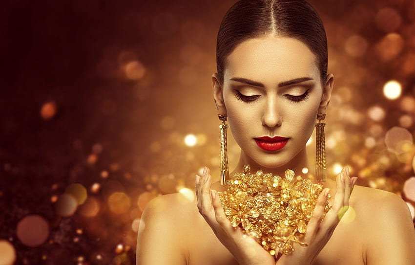stile, trucco, acconciatura, oro, modello, lusso, trucco, gioielli, Inara Prusakova per , sezione стиль, modello di gioielli Sfondo HD