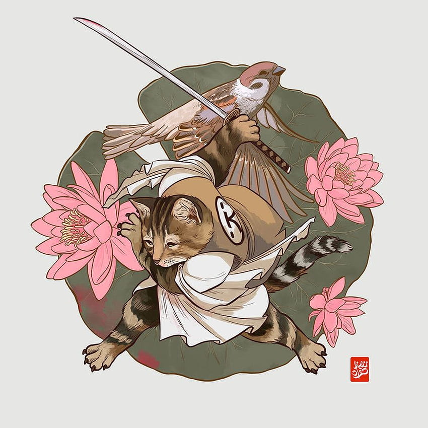Koci samuraj autorstwa wspaniałej Sheharzad Arshad. Link prowadzi do jej stron. Cat Tattoo, Japanese Tattoo Art, Samurai Art, Neko Samurai Tapeta na telefon HD