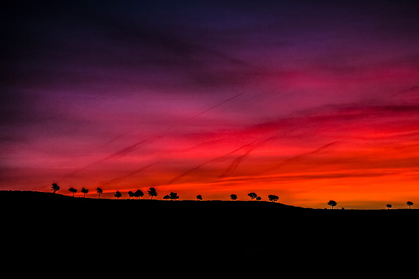 Früher Morgen, Sonnenaufgang, dunkle, rote Landschaft, Silhouette HD-Hintergrundbild