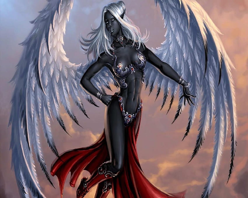 Ebony Angel, wings, white hair, sliver, angel, ebony skin HD wallpaper