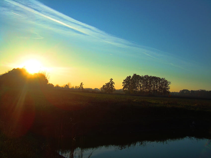 sunset in blue...., blue, field, green, sky, grass, sun, lake HD wallpaper