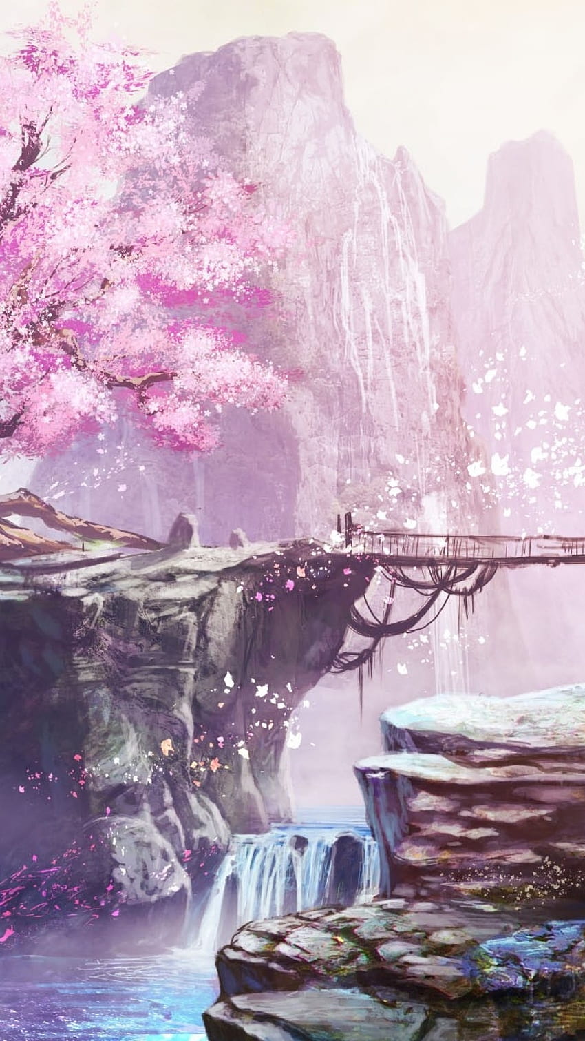 Paysage d'anime, Fleur de cerisier, Pont, Chute d'eau, Anime Girl, Nature Fond d'écran de téléphone HD