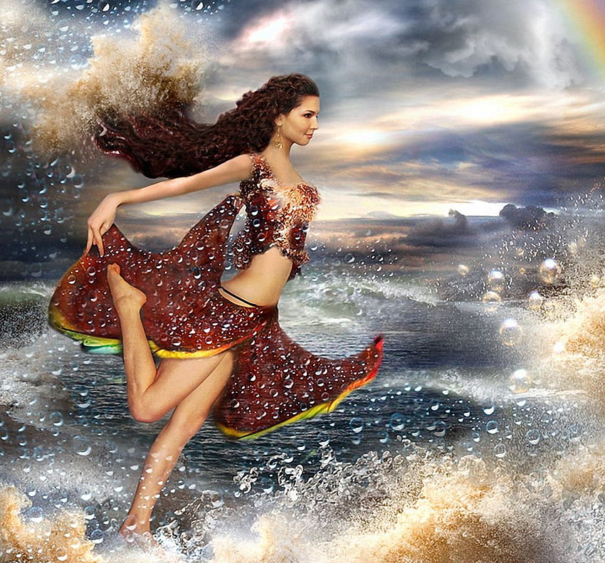 Fairytale, sea, waves, clouds, sky, beautiful, girl, dress, woman HD wallpaper