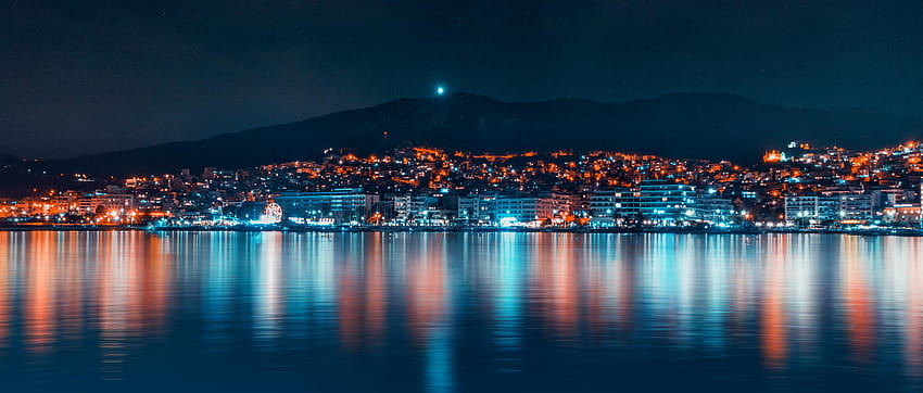 Städte, Nacht, Spiegelung, Küste, Nachtstadt, Panorama HD-Hintergrundbild